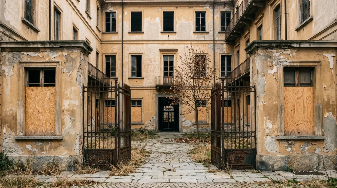 Cortile interno e finestre tavolate di un edificio comunale dismesso a Torino
