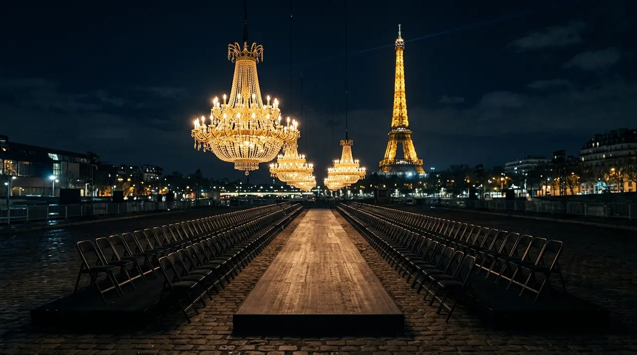 Passerella parigina deserta illuminata da tre enormi lampadari dorati con la Tour Eiffel sullo sfondo