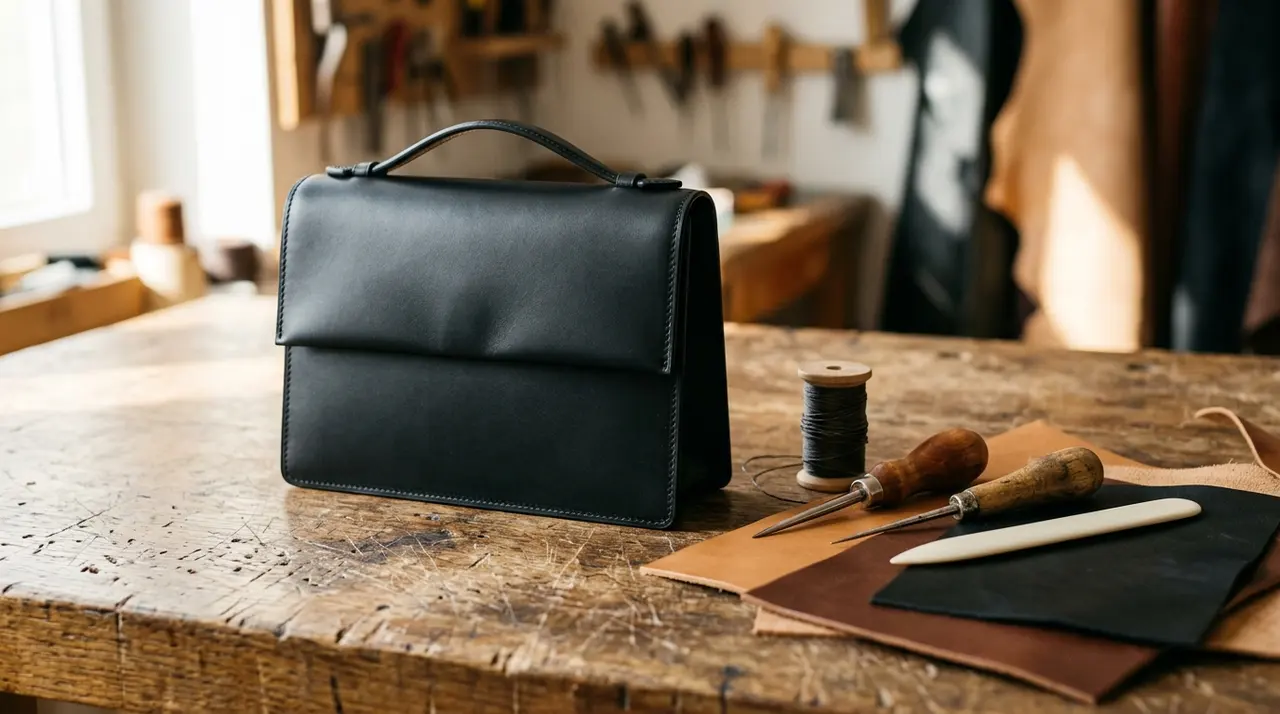 Banco da lavoro di pelletteria di alta gamma con borsa strutturata nera, lesine e filo cerato