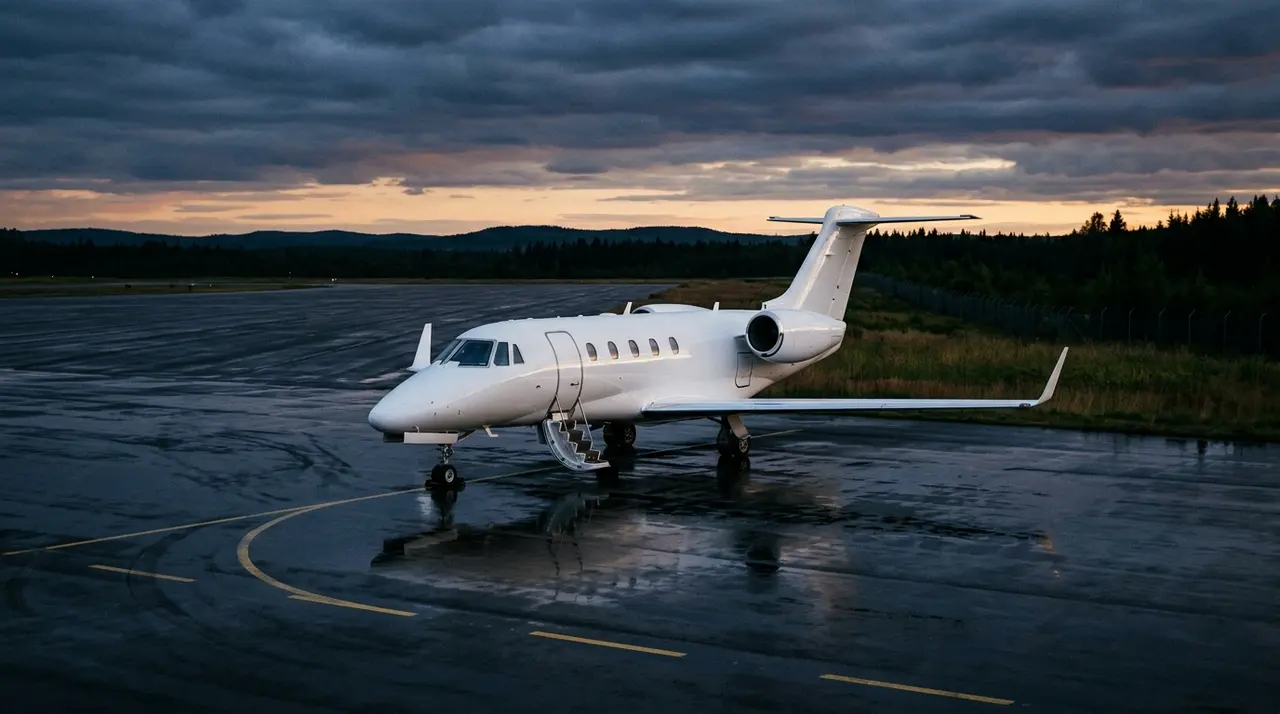 Film su Marchionne: jet privato bianco fermo su una pista bagnata al tramonto, senza marche di registrazione