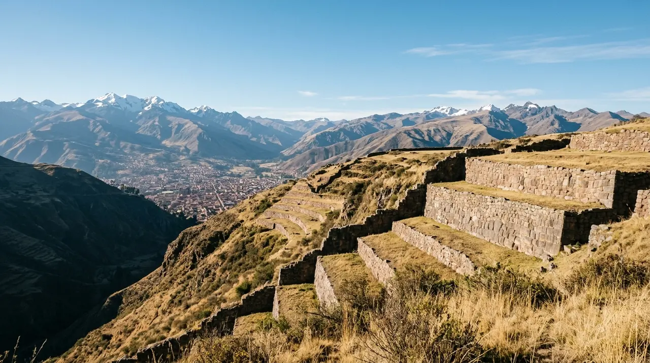 Terrazzamenti inca su un altopiano andino a 3.400 metri sopra una citta coloniale nella valle