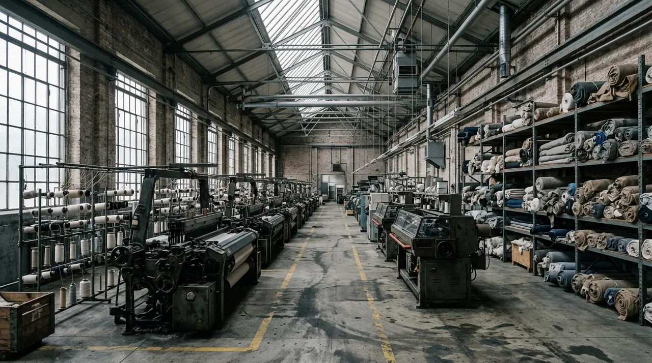 Produzione della moda: reparto tessile deserto con telai industriali fermi e rotoli di tessuto sugli scaffali