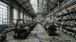 Produzione della moda: reparto tessile deserto con telai industriali fermi e rotoli di tessuto sugli scaffali