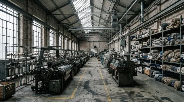 Produzione della moda: reparto tessile deserto con telai industriali fermi e rotoli di tessuto sugli scaffali