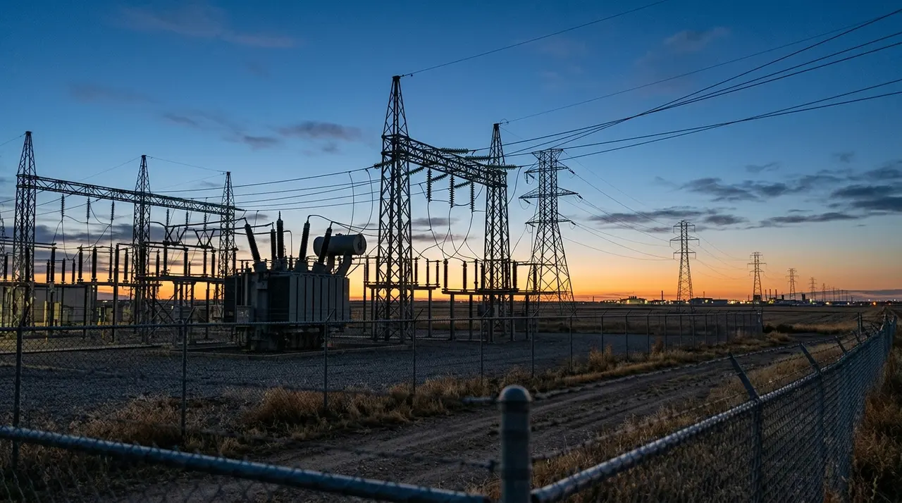 Sottostazione elettrica ad alta tensione al tramonto, con trasformatori, tralicci e linee di trasmissione verso l'orizzonte