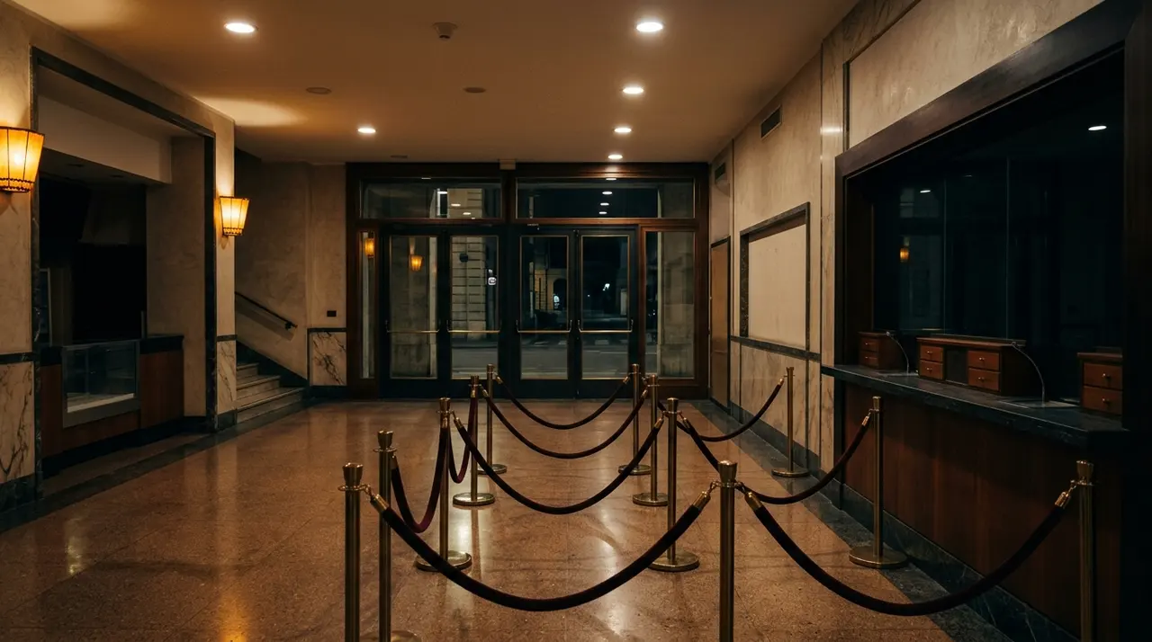 Foyer deserto di un cinema con transenne vuote davanti alla biglietteria chiusa: i biglietti del cinema italiano crescono di quota mentre la sala si svuota