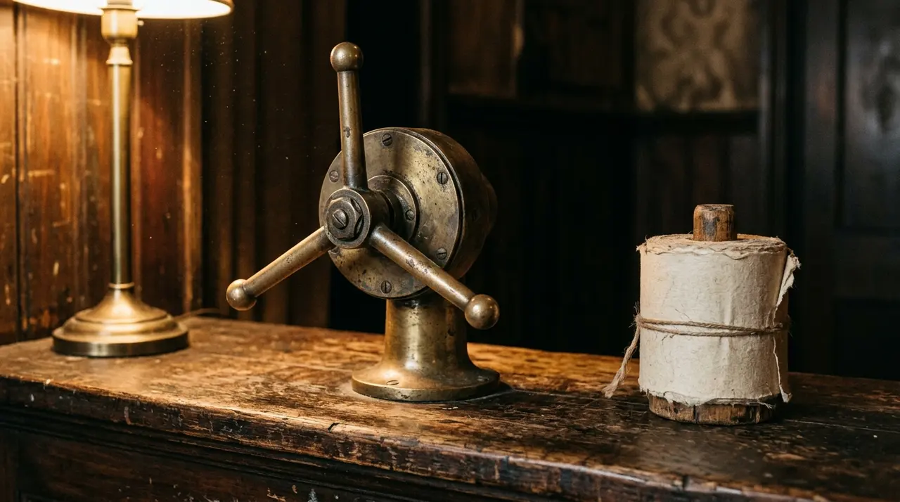 Tornello d'ottone e rotolo di biglietti su un bancone di legno illuminato da una lampada