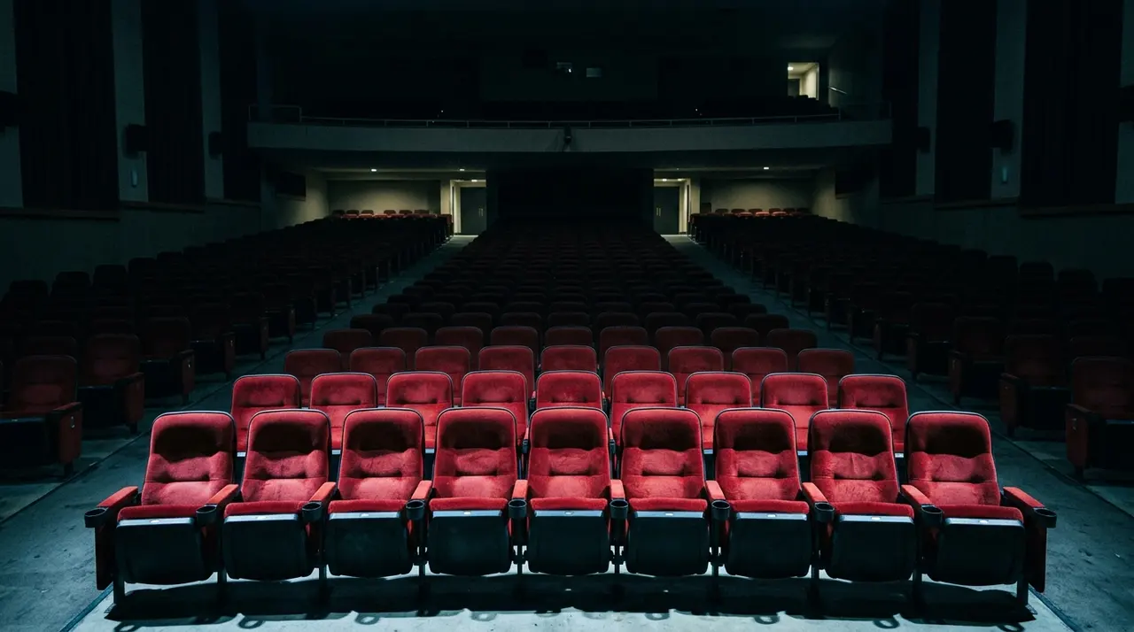Platea di un cinema con le prime file di poltrone rosse illuminate e il fondo della sala immerso nel buio