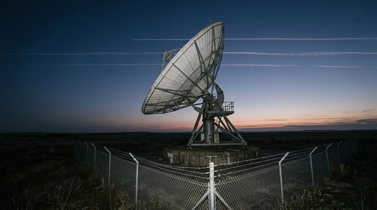 Parabola satellitare al tramonto con scie di aerei in cielo, la rete secondaria usata durante il guasto