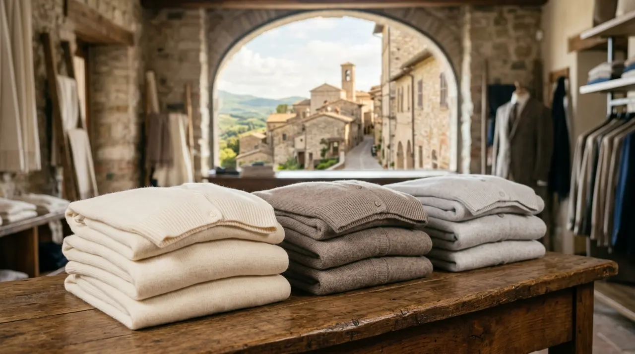 Ricavi di Brunello Cucinelli: maglieria in cashmere color panna piegata su un bancone di legno in un atelier umbro, borgo medievale visibile oltre l'arco