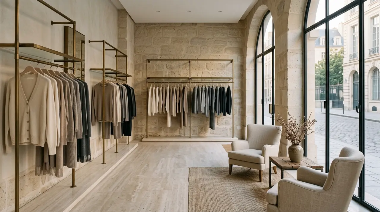 Interno di una boutique monomarca di lusso vuota al mattino, appenderie in ottone con maglieria in toni neutri e vetrine su una via acciottolata