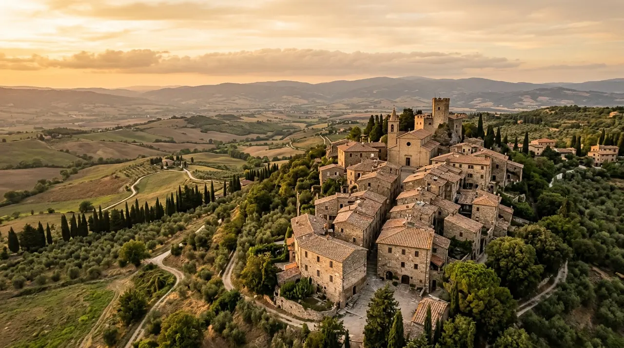 Veduta aerea al tramonto di un borgo medievale umbro arroccato sulla collina, tetti in coppi, cipressi e uliveti che scendono verso la valle