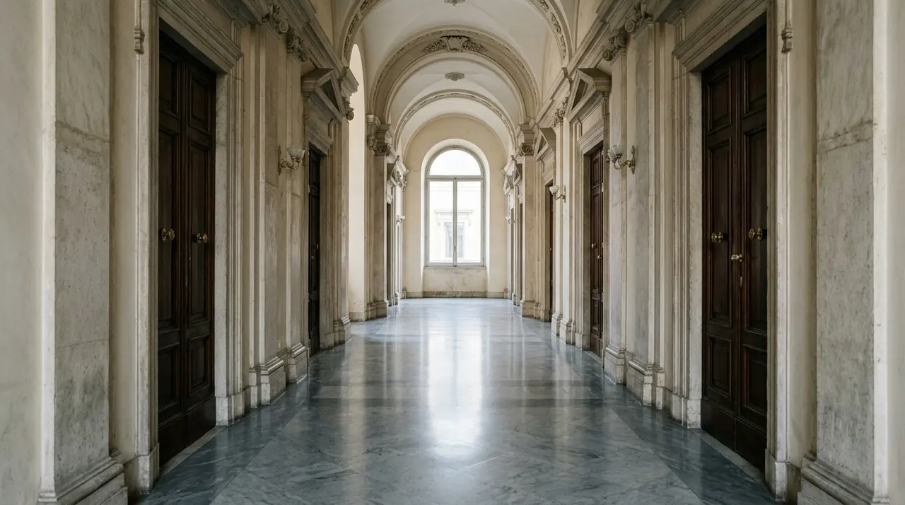 Corridoio deserto di un ministero italiano, porte chiuse e pavimento di marmo grigio