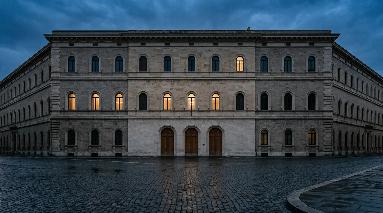 Facciata di un palazzo di governo italiano al crepuscolo con poche finestre illuminate