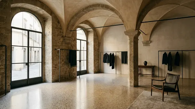 Beppe Angiolini: l'interno deserto di un concept store di moda in un palazzo storico toscano all'alba