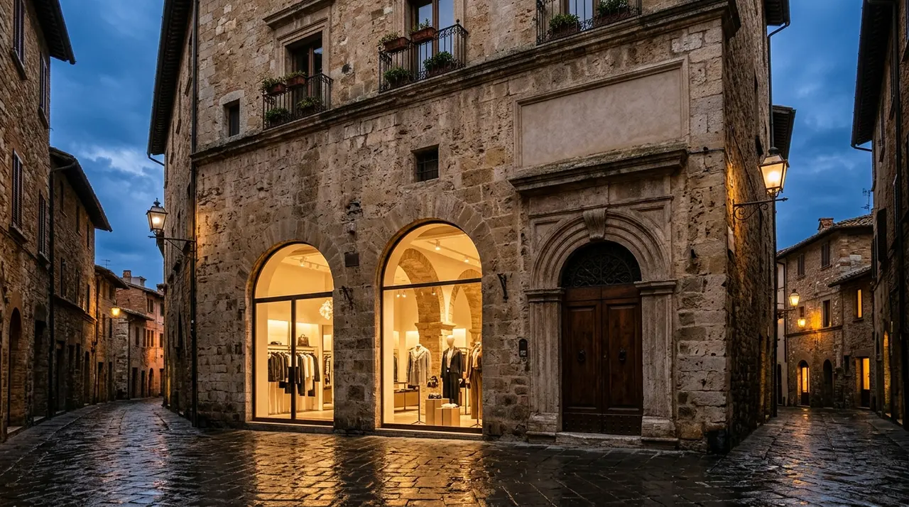 Palazzo in pietra nel centro storico di una città toscana con boutique di moda illuminata al piano terra, al crepuscolo