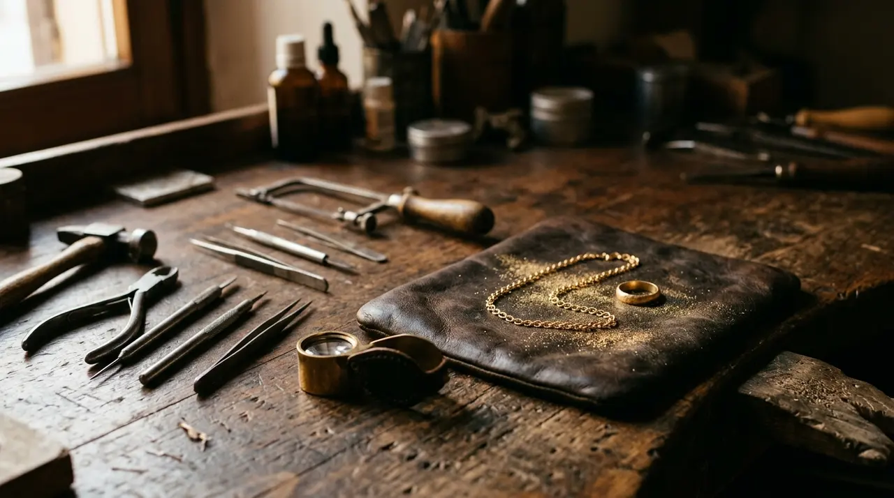 Banco da lavoro di un orafo con utensili, lente da gioielliere, catena e anello in oro su un tampone di cuoio