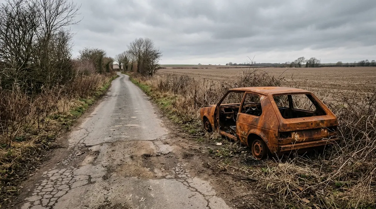 Strada sterrata minata e deserta verso Oleshky, con la carcassa di un'auto bruciata sul bordo
