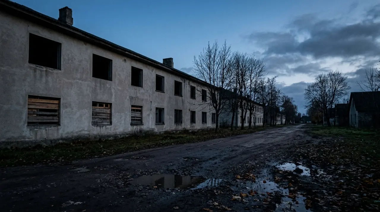 Case basse senza luce al crepuscolo d'autunno in una città sotto occupazione come Oleshky