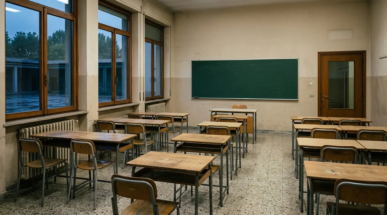 Aula di scuola superiore vuota nel giorno del No Meloni Day, banchi fuori posto e lavagna completamente bianca
