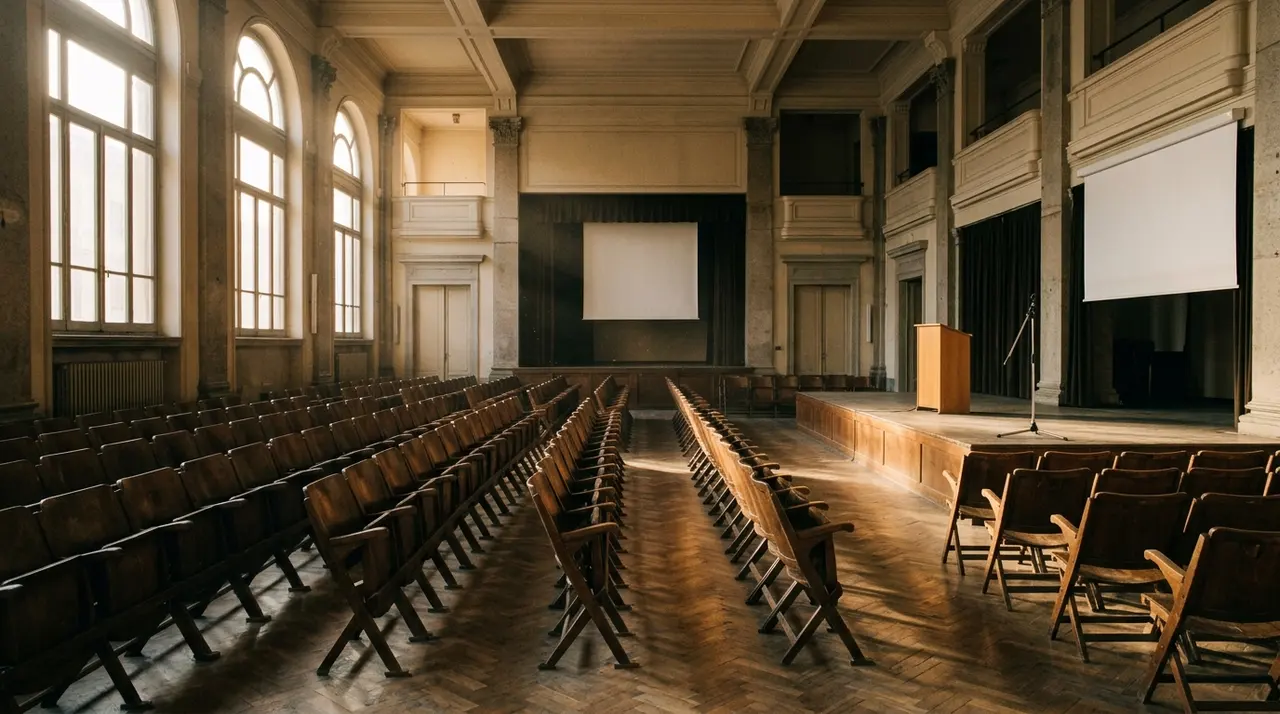 Aula magna scolastica deserta con file di sedie pieghevoli, palco, leggio e asta del microfono