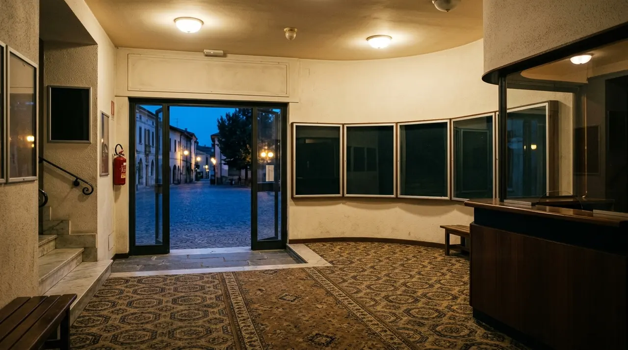 Atrio deserto di un cinema di provincia all'imbrunire, biglietteria chiusa e bacheche vuote