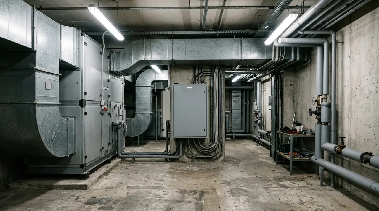 Locale tecnico di una sala cinematografica con unità di trattamento aria, tubazioni e quadro elettrico