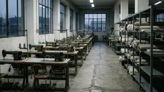 Crisi della moda romagnola: reparto confezione deserto all'alba, file di macchine da cucire industriali ferme
