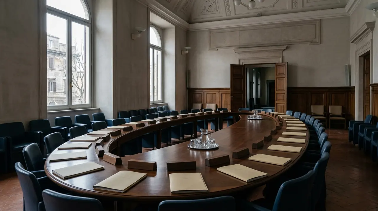 Sala di commissione parlamentare deserta con tavolo ovale e cartelline chiuse davanti a ogni posto