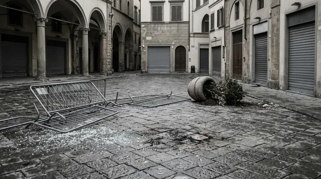 Fermo di prevenzione a Milano: piazza del centro deserta all'alba con transenne rovesciate e serrande abbassate dopo i disordini