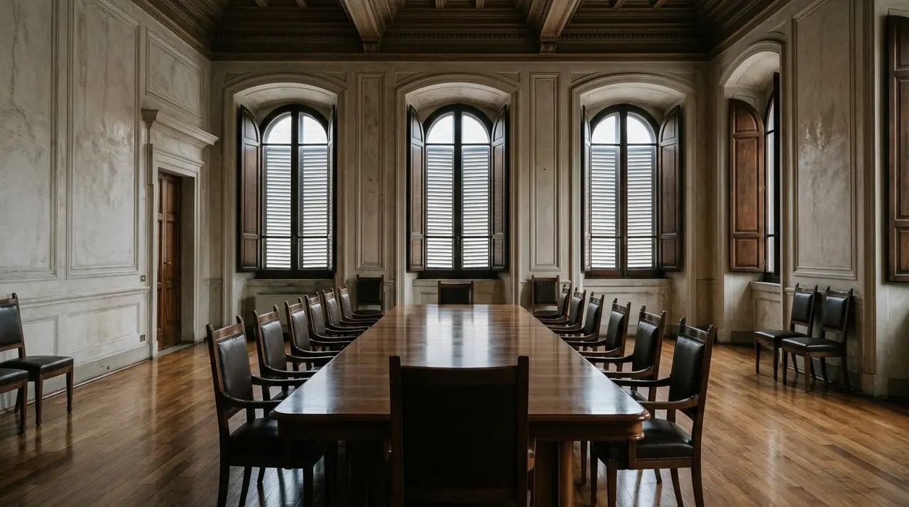 Sala riunioni di un palazzo di governo italiano vuota, con tavolo lungo e sedie non occupate