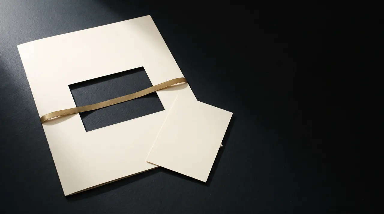 Foglio di carta avorio con un rettangolo ritagliato e il ritaglio appoggiato accanto, su fondo nero