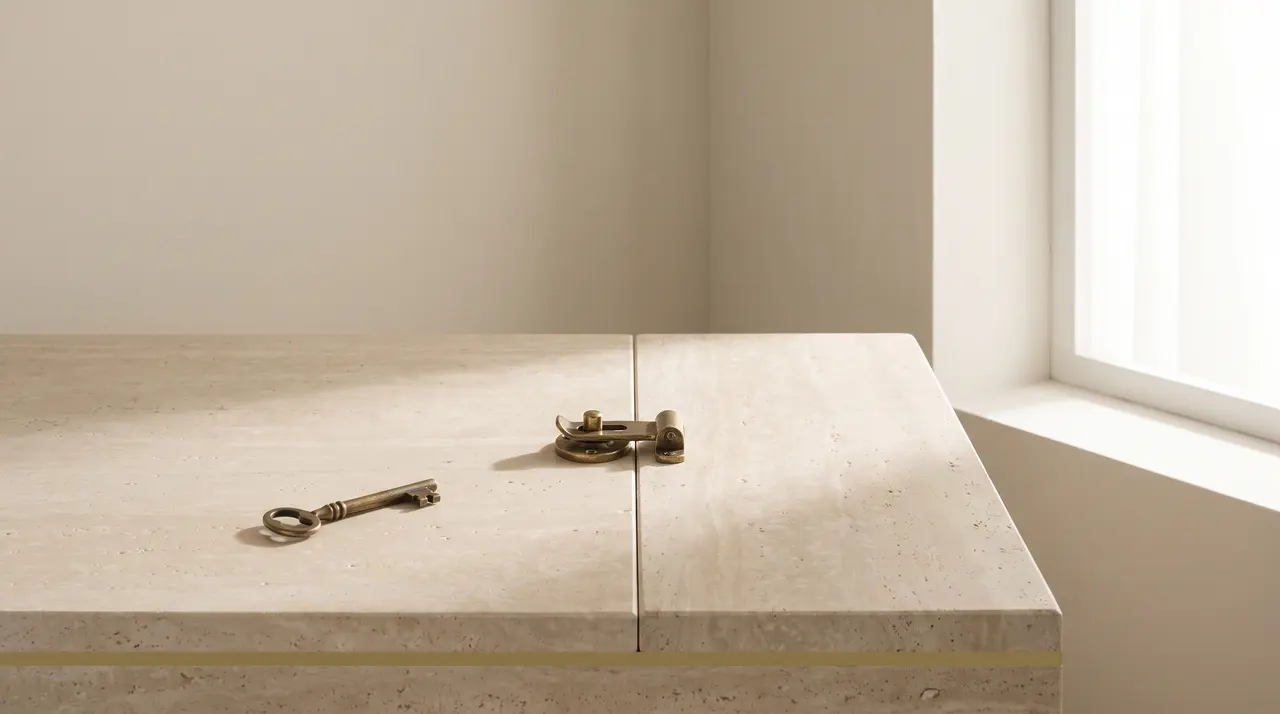 Chiavistello di ottone chiuso su un piano di travertino con una chiave appoggiata a distanza, immagine dei cento milioni senza sportello