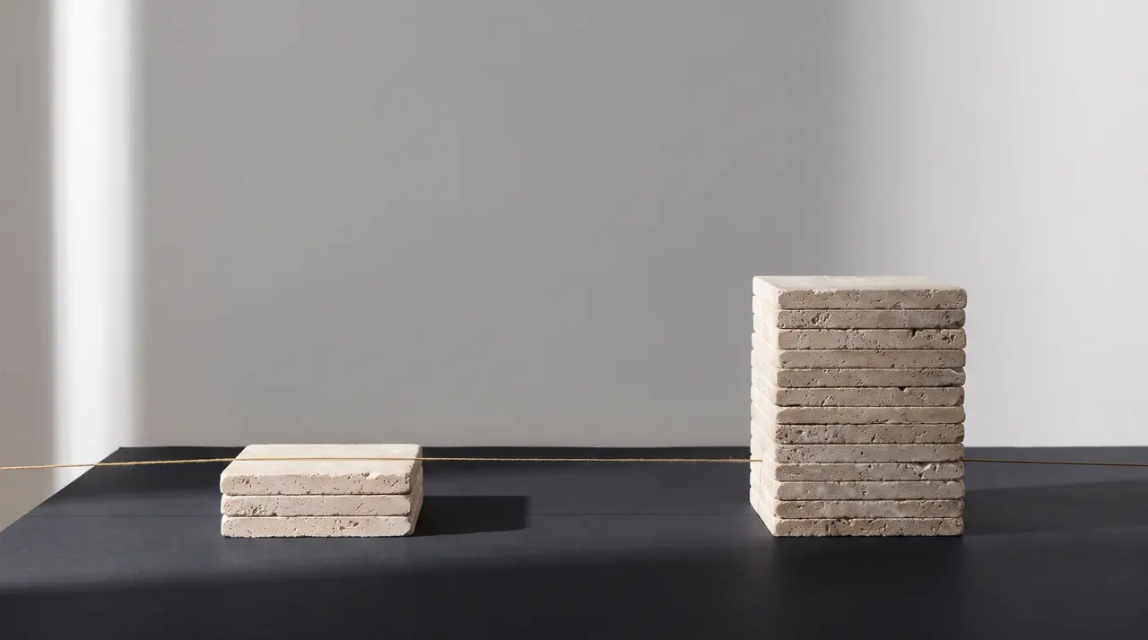 Due pile di lastre di travertino di altezza molto diversa, con un filo dorato all'altezza della pila bassa