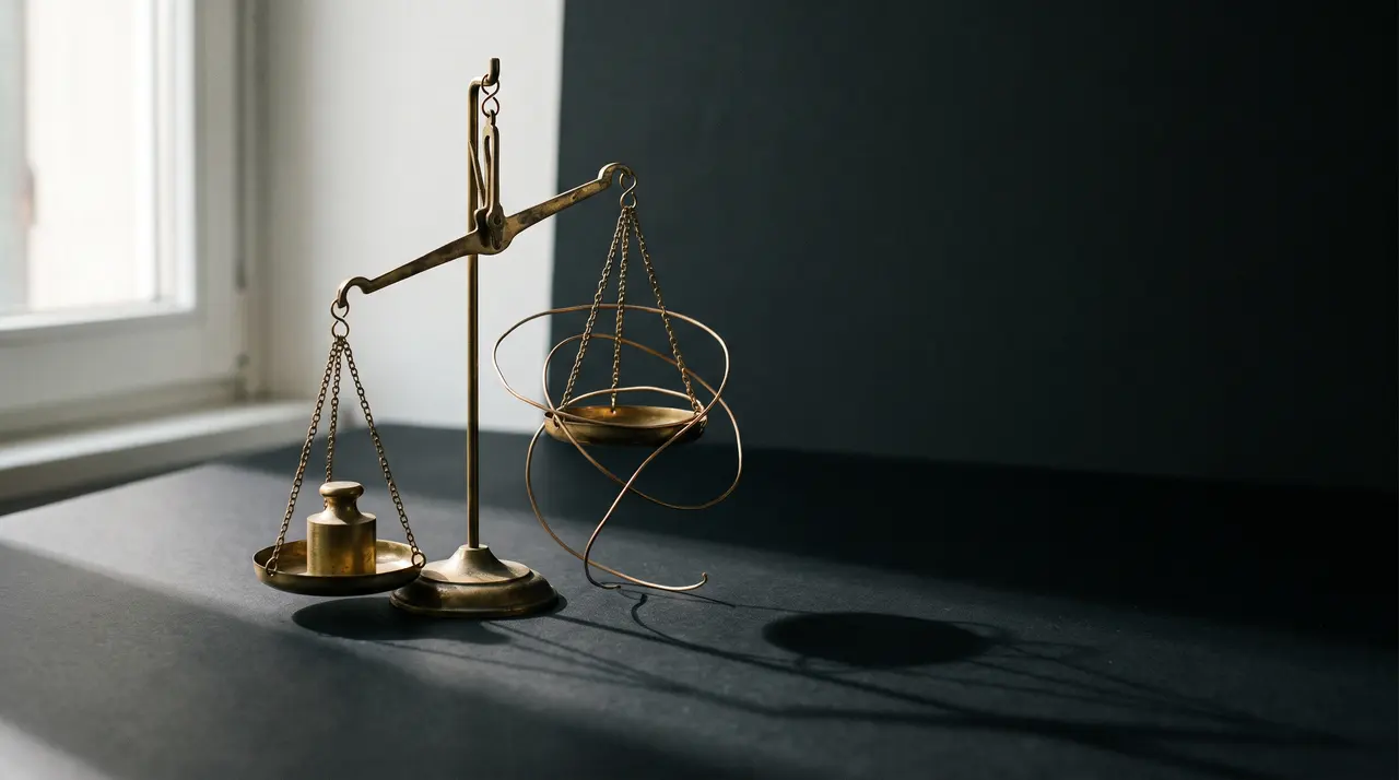Bilancia di ottone con un solo peso su un piatto e l'altro vuoto e sollevato: l'onere della prova ribaltato dal decreto