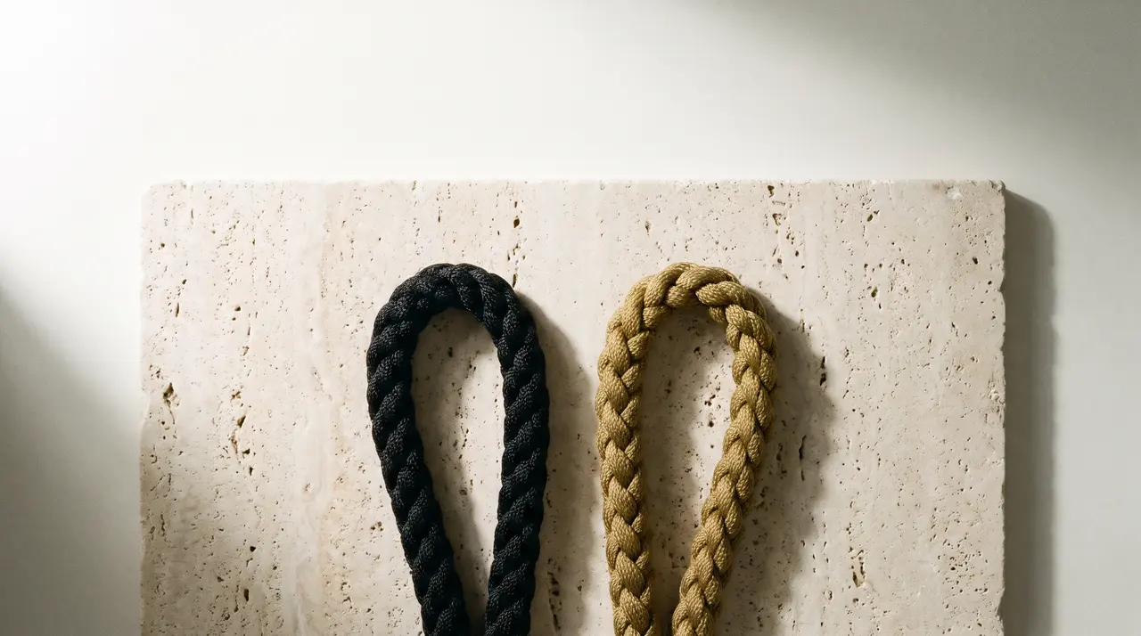 Due cordoni paralleli, uno nero e uno dorato, su una lastra di travertino: i due circuiti della moda che non si toccano