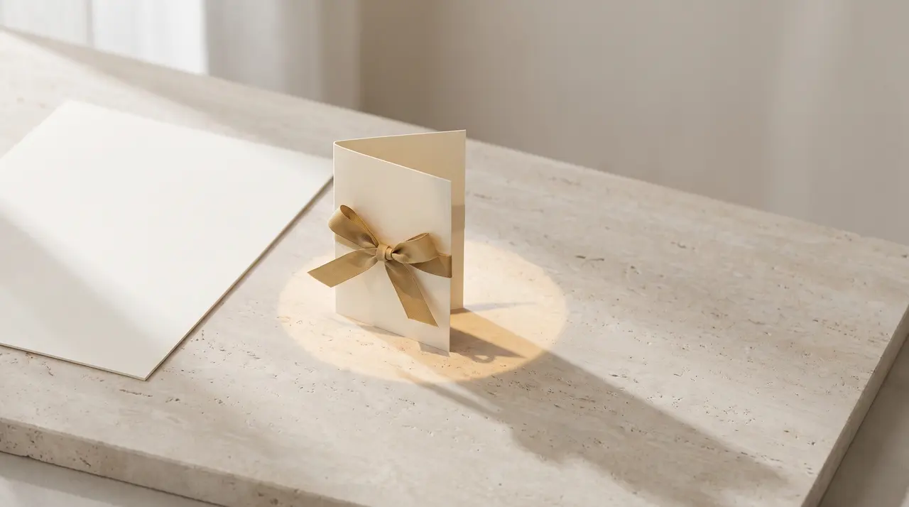 Un grande foglio avorio in ombra accanto a un piccolo biglietto piegato e illuminato, legato con un nastro dorato