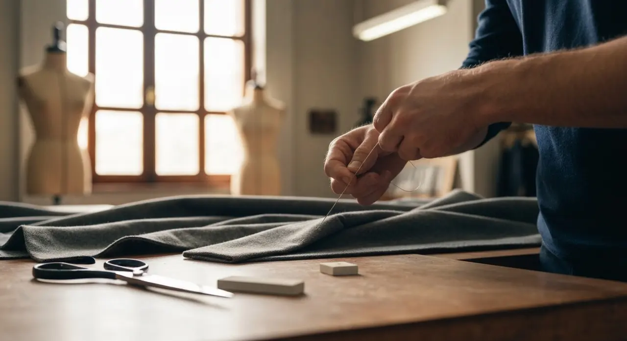 Giovani sarti al lavoro in una scuola di alta sartoria del Made in Italy