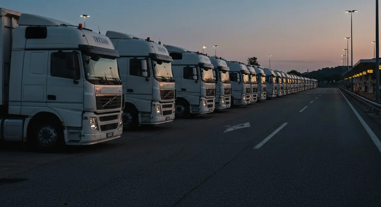 Sciopero autotrasportatori aprile 2026: Tir parcheggiati in fila su area di servizio italiana al tramonto