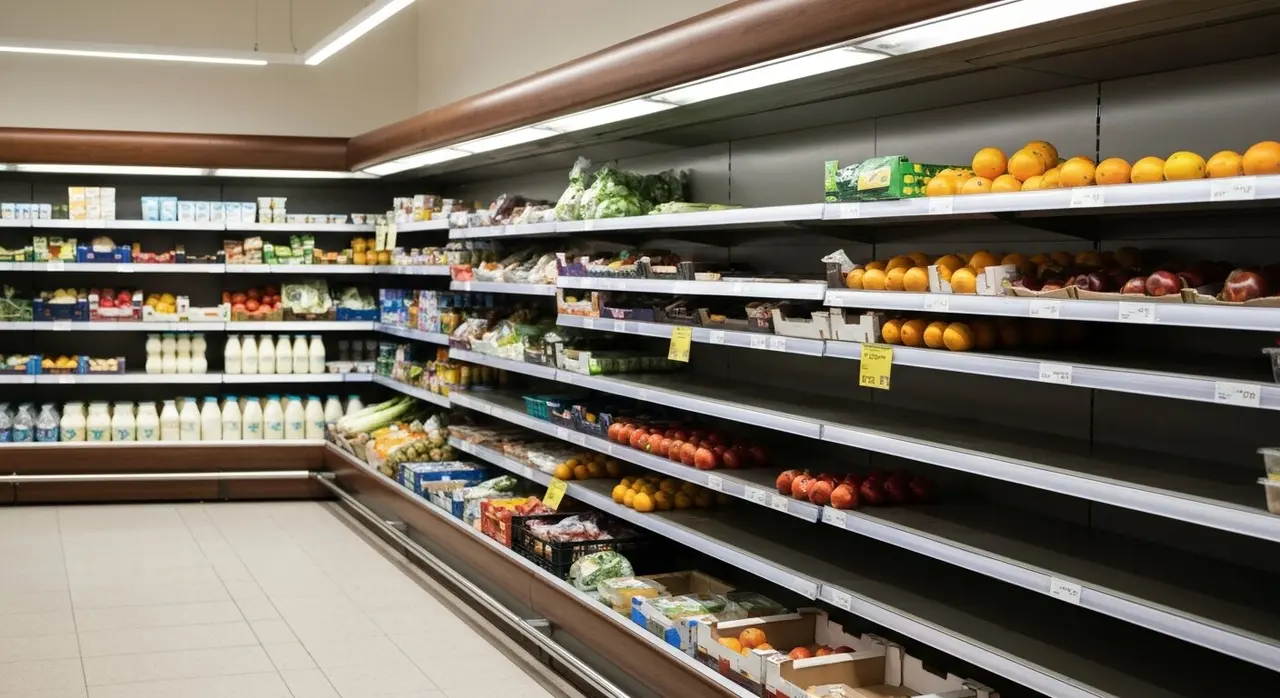 Scaffali di un supermercato italiano semi-vuoti nel reparto frutta e verdura durante lo sciopero dei camionisti