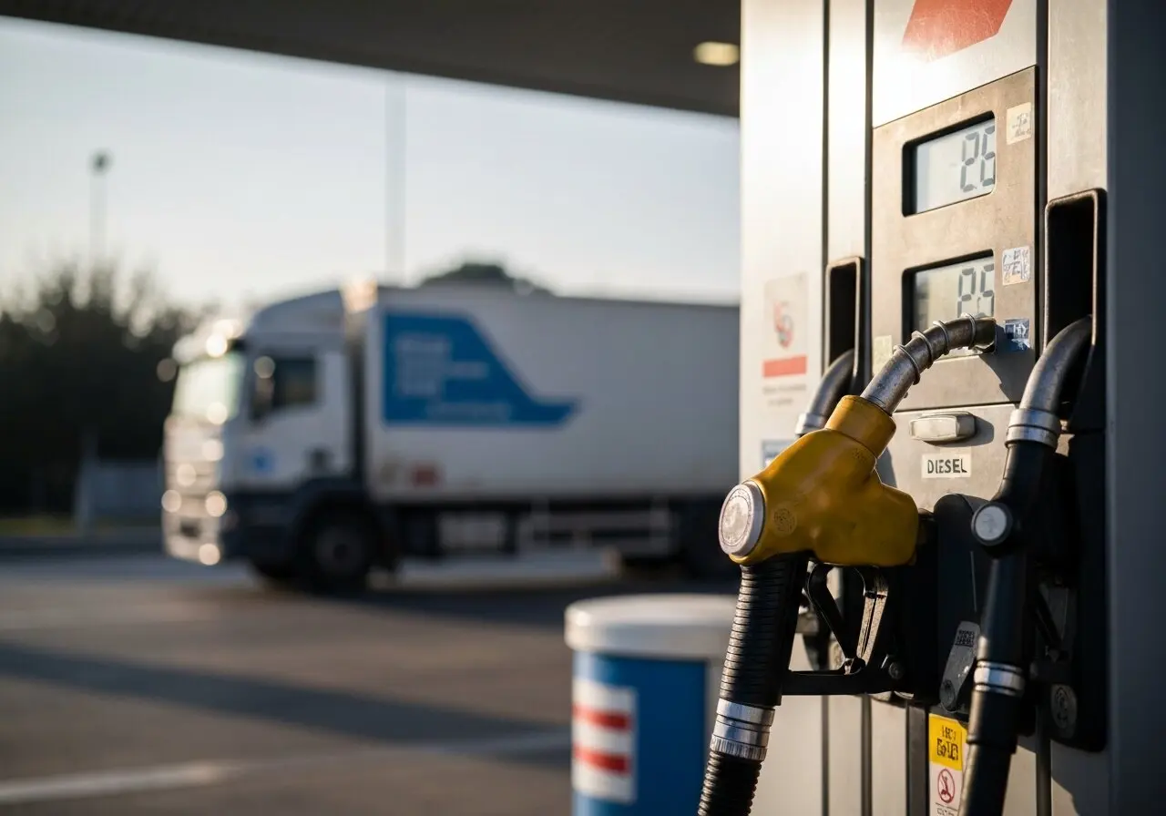 Pompa del gasolio con display prezzi elevati presso un distributore italiano, Tir sfocato sullo sfondo