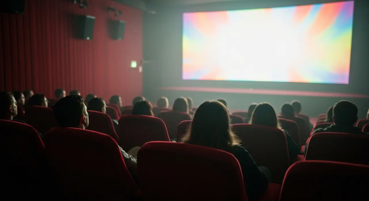 Sala buia di un cinema indipendente con schermo acceso durante una proiezione festivaliera