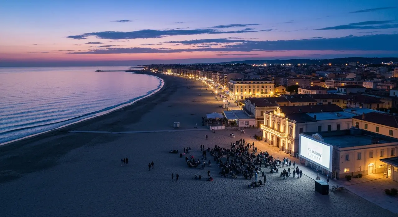 Lungomare di Bellaria Igea Marina sulla riviera adriatica al tramonto durante una proiezione cinematografica
