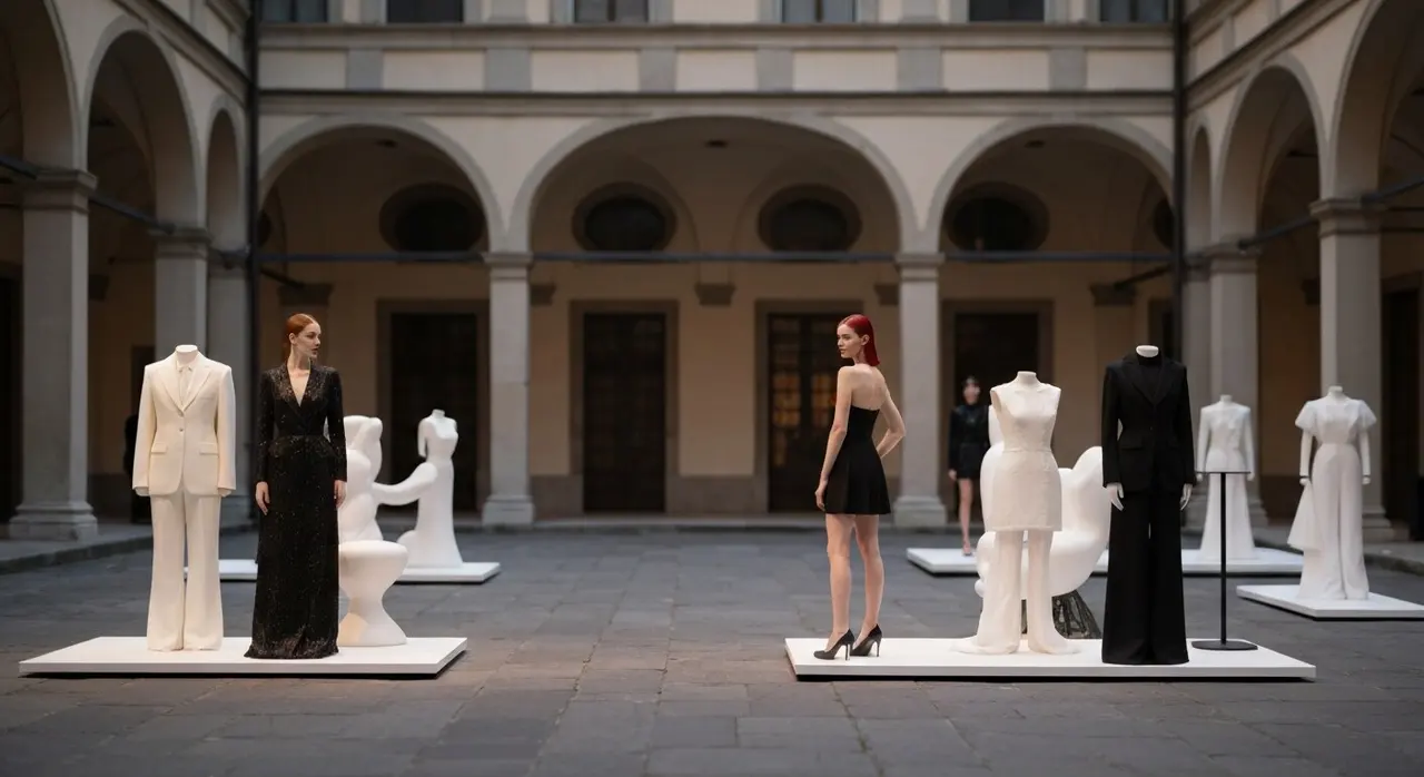 Moda Milano Design Week 2026 in un cortile milanese: installazione fashion durante il Fuorisalone