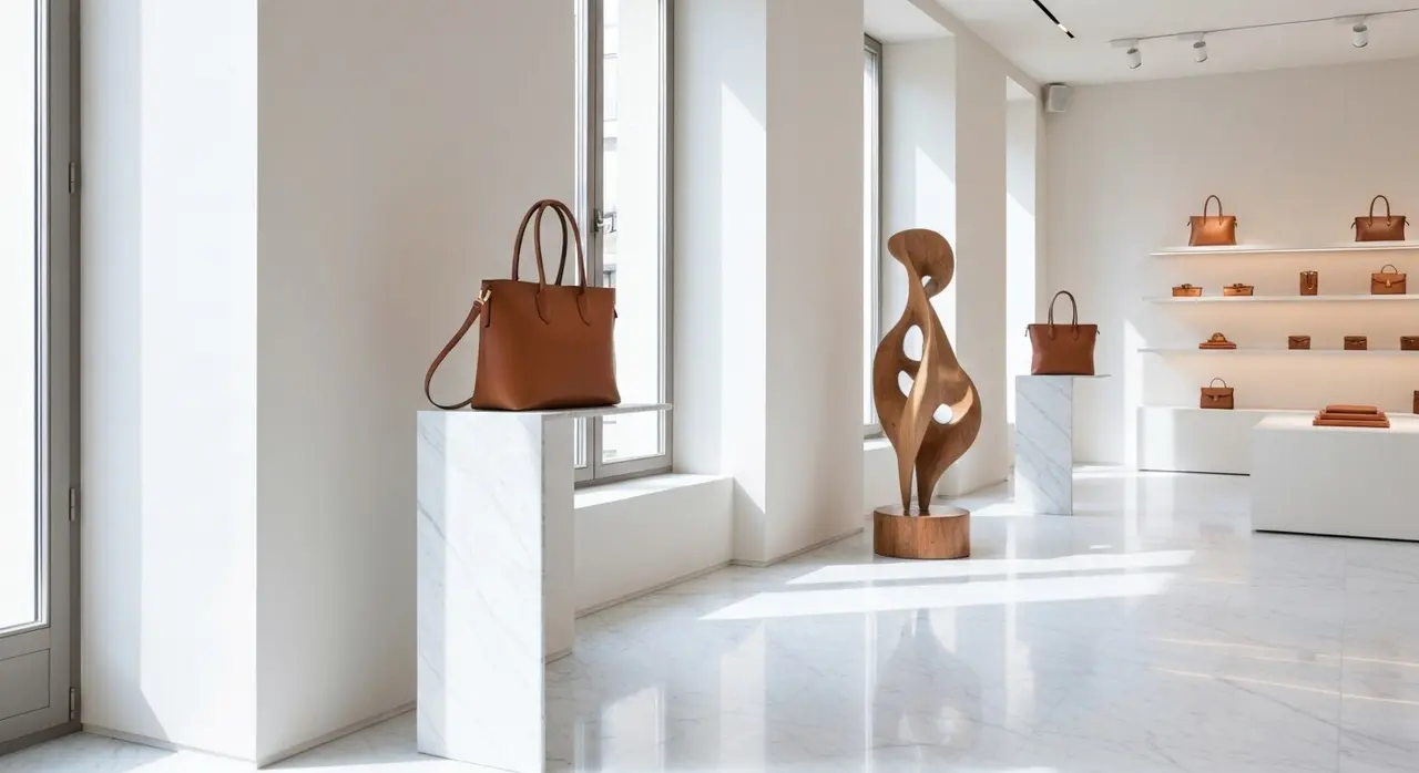 Showroom milanese con borsa e scultura lignea alla moda Milano Design Week 2026