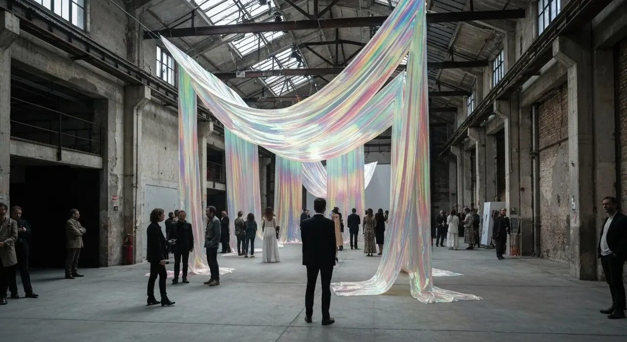 Installazione di tessuti iridescenti in spazio industriale al Fuorisalone 2026 di Milano