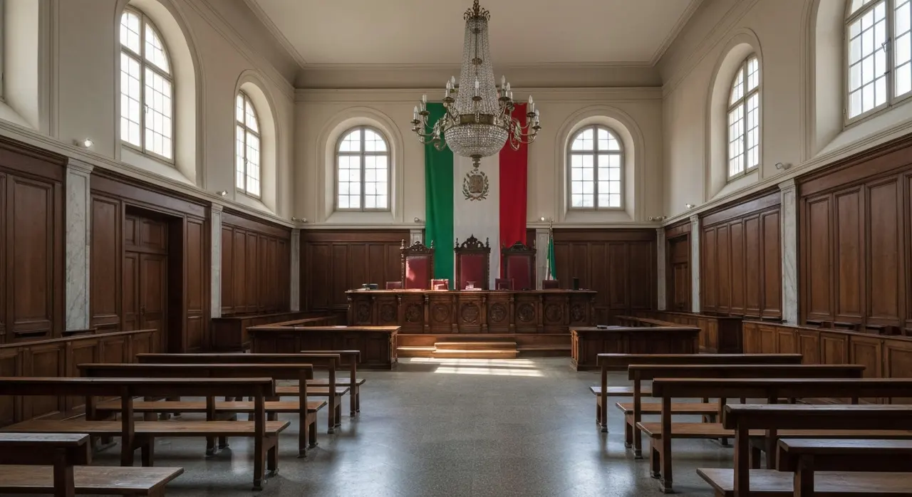 Aula della Corte d'assise di Parma con bandiera tricolore alle spalle del banco dei giudici
