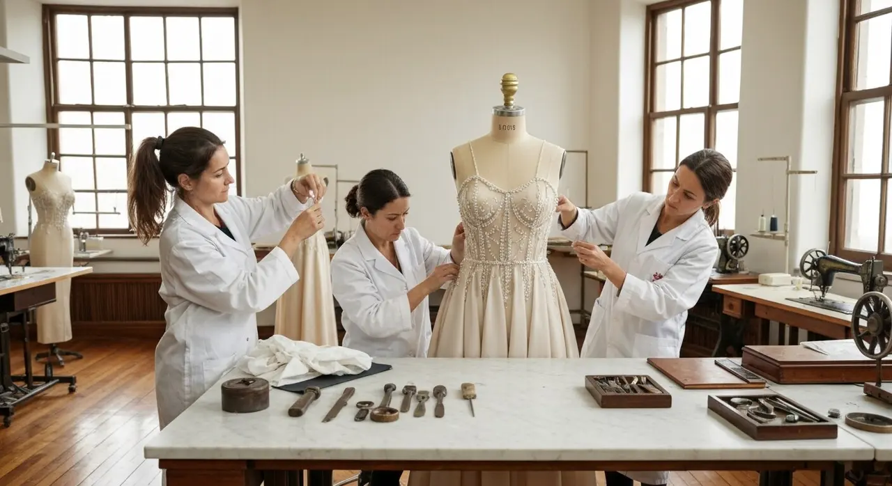 atelier di alta moda con sarte al lavoro su un abito couture italiano