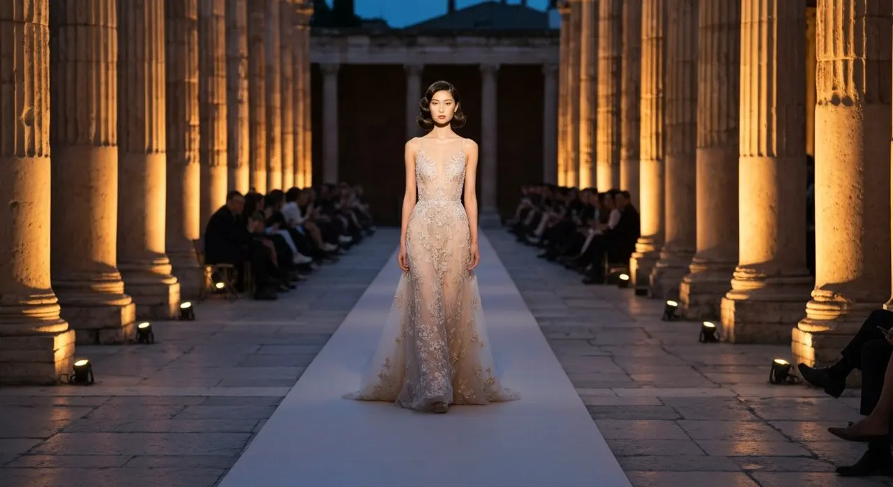 abito da sera couture su passerella di sfilata Roma con colonne romane