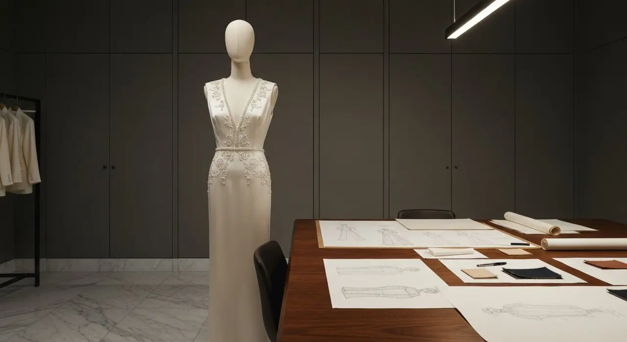 Atelier Armani con abito alta moda Privé in luce soffusa